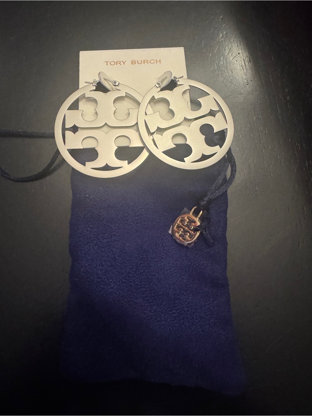 Tory Burch Silver Logo  Hoop Earrings